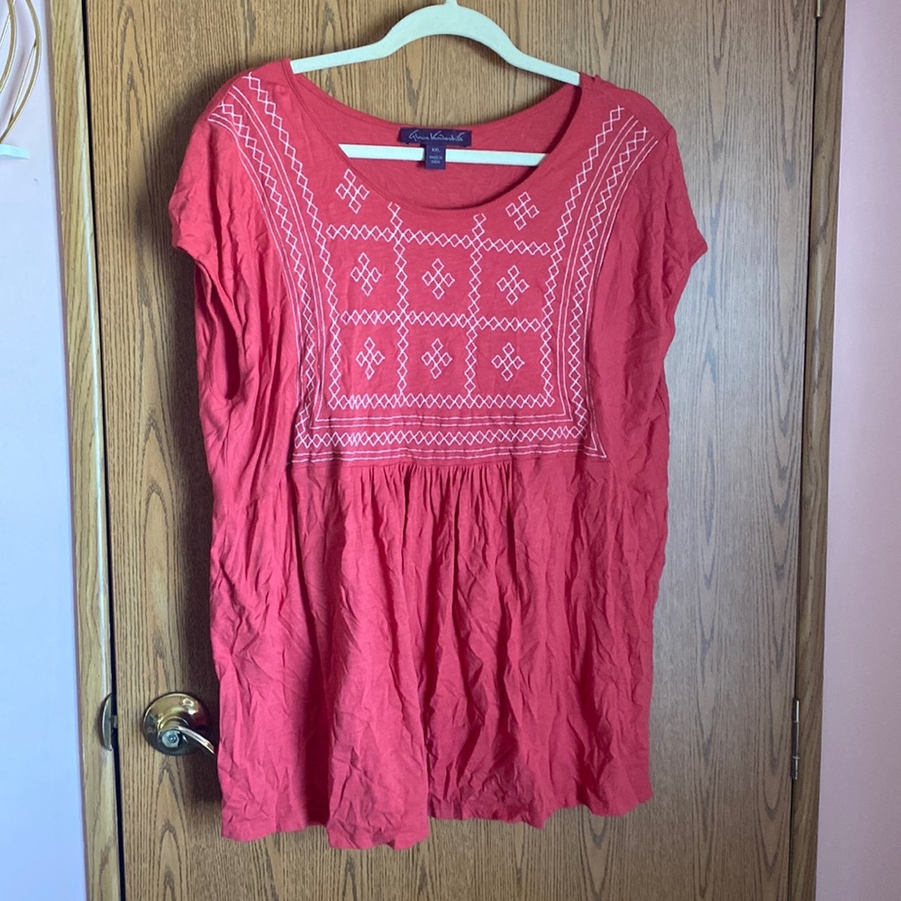 Red Top With White Embroidery Detail